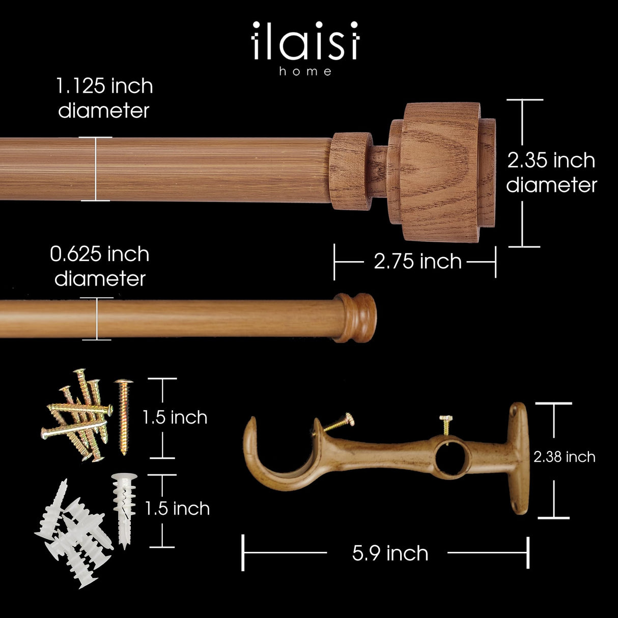 ILAISIHOME 1-1/8 Inch Diameter Faux Wood Curtain Rod with Wood Grain Finials, 72-144 inch Telescoping Double Curtain Rods for window width 68-140 inch, 1 pack ILAISIHOME