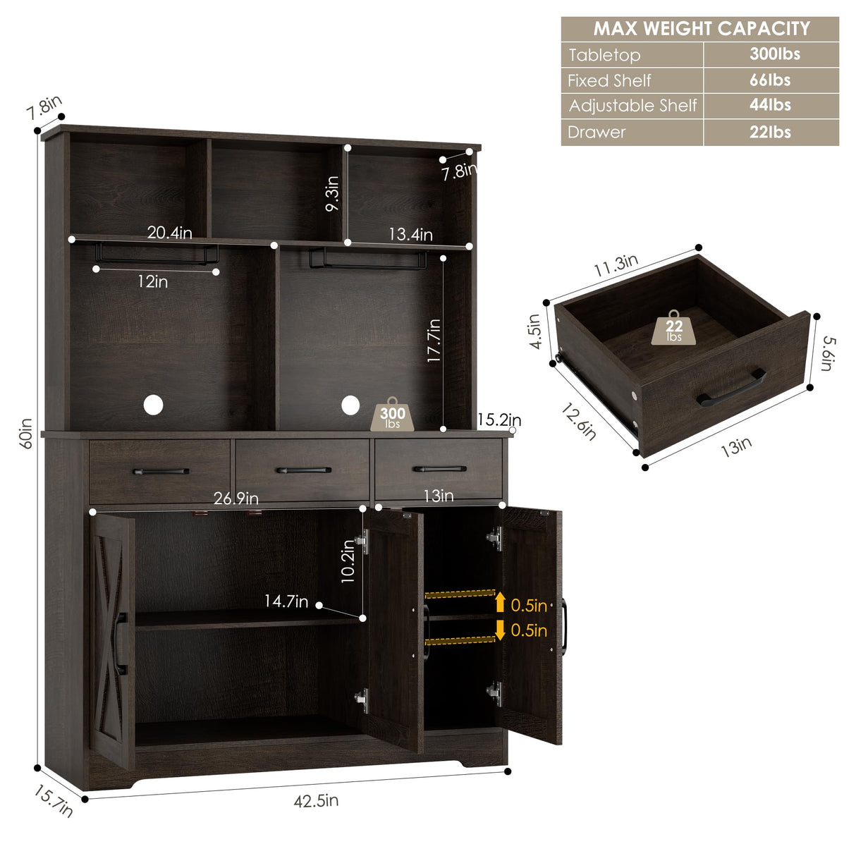 HOSTACK Buffet Cabinet with Hutch, Modern Farmhouse Kitchen Buffet Sideboard Storage Cabinet with 3 Drawers, Barn Door Coffee Bar Station, Liquor Cabinet for Dining Room, Living Room, Dark Brown HOSTACK