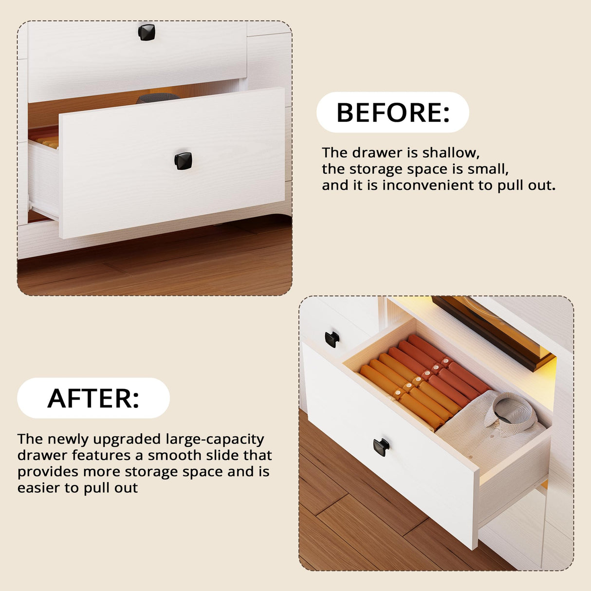 LIKIMIO Dresser with 10 Drawers, Bedroom Wooden Chest of Drawers with LED Lights and Power Outlets, Fabric Side Pocket, TV Stand for Living Room, White LIKIMIO