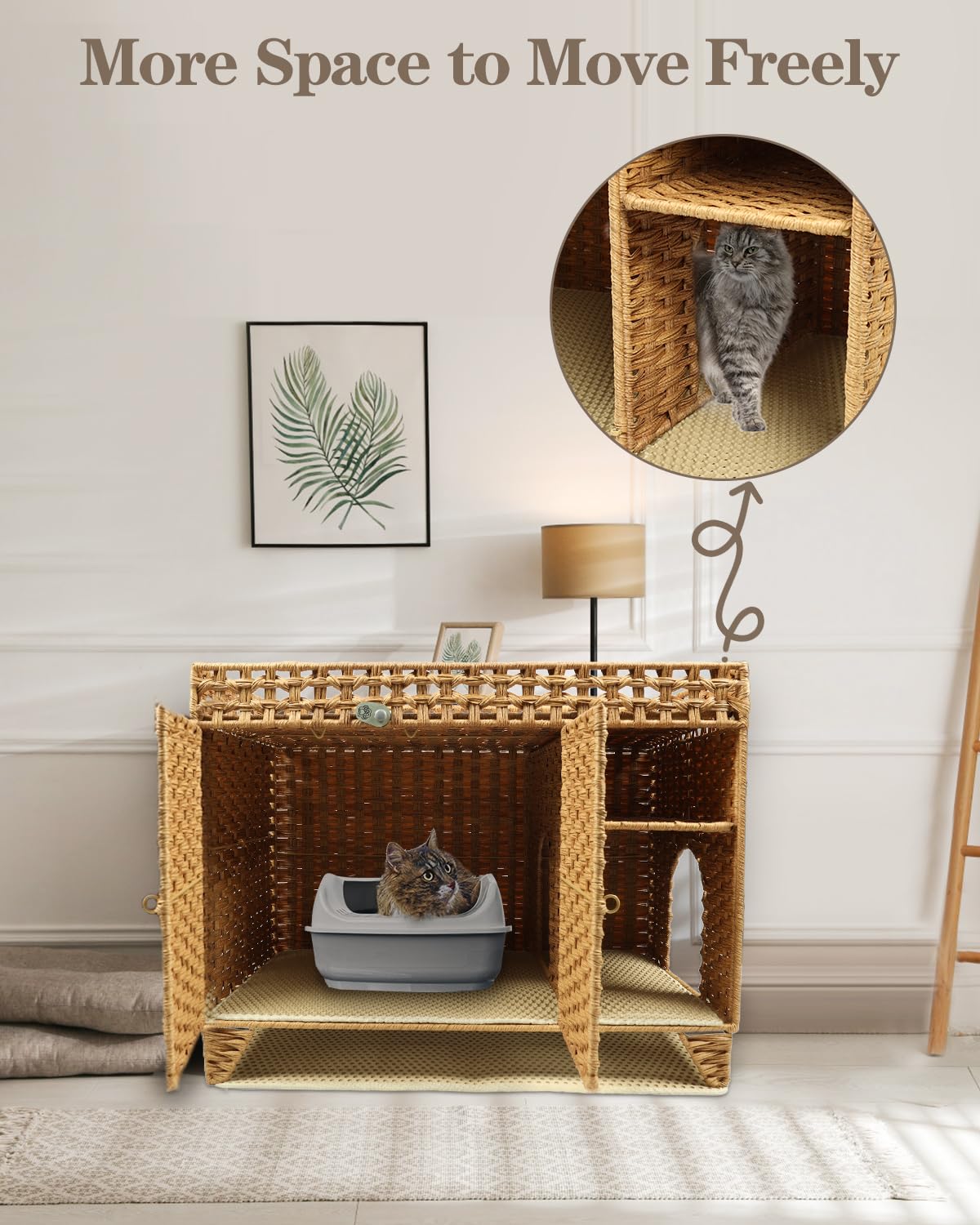 Forotone Cat Litter Box Enclosure, Hidden Cat Washroom Furniture with Litter Mat, Rattan Indoor Large Pet House with Door, for Living Room, Bedroom, Balcony Forotone
