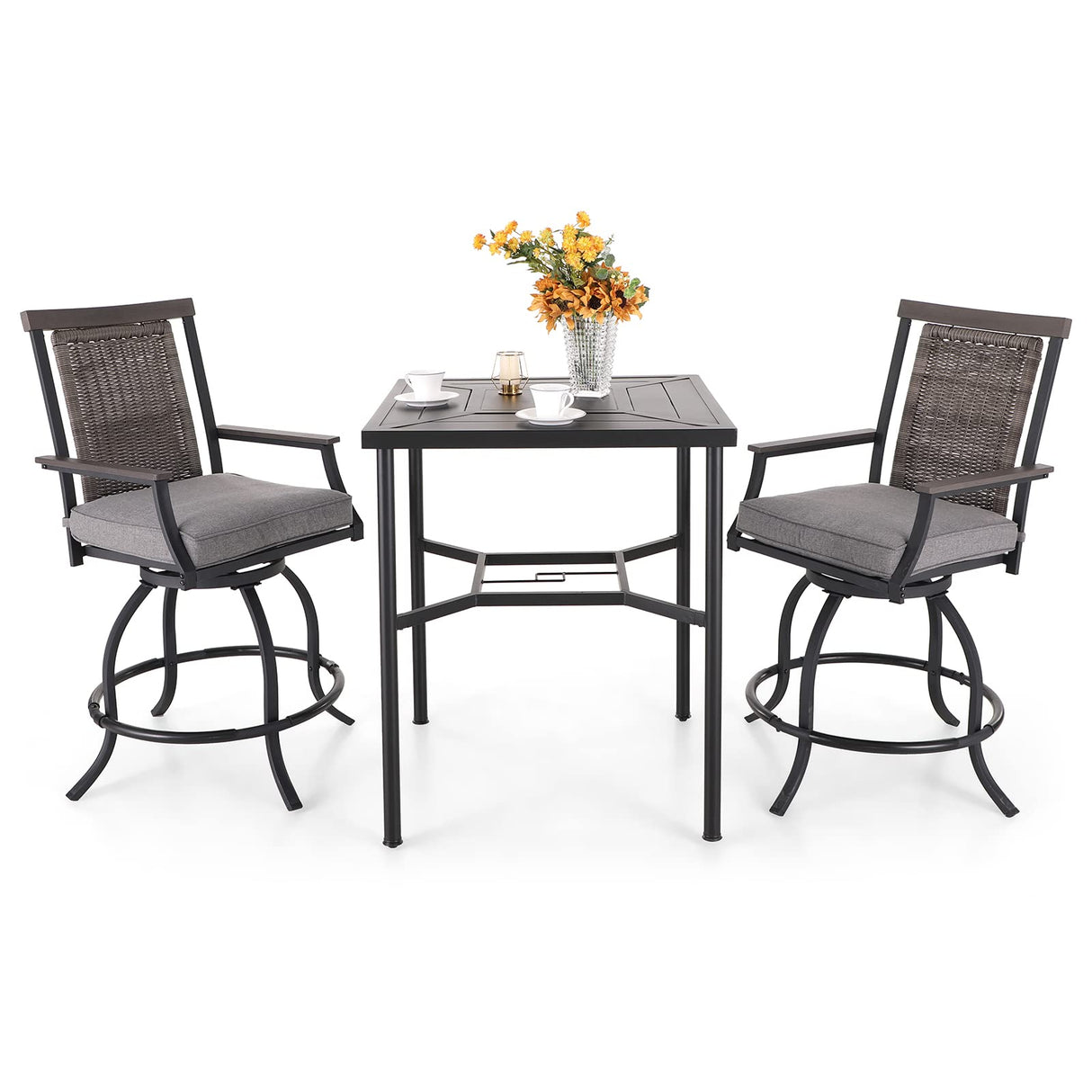 PHI VILLA 3 PCS Patio Bar Set, Bar Height Chair with 3.5" Thicker Cushion & Retro-Metal Square Table,Sturdy and Durable,Outdoor Height Bar Dining Set for Poolside,Yard PHI VILLA