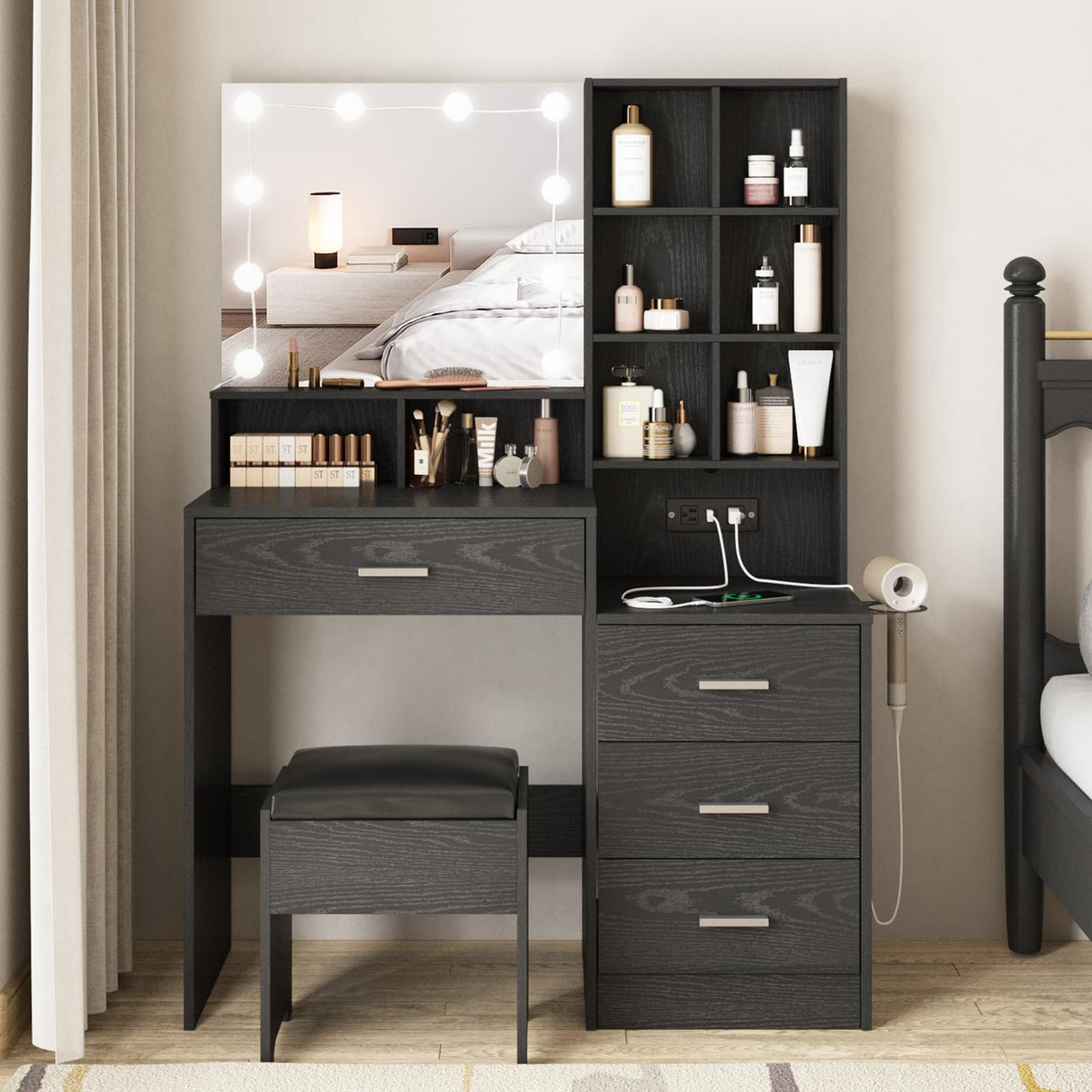 Vabches Black Vanity Desk with Mirror and Lights, Makeup Vanity Table with Charging Station, 3 Lighting Modes Brightness Adjustable, 4 Drawers, 8 Vabches