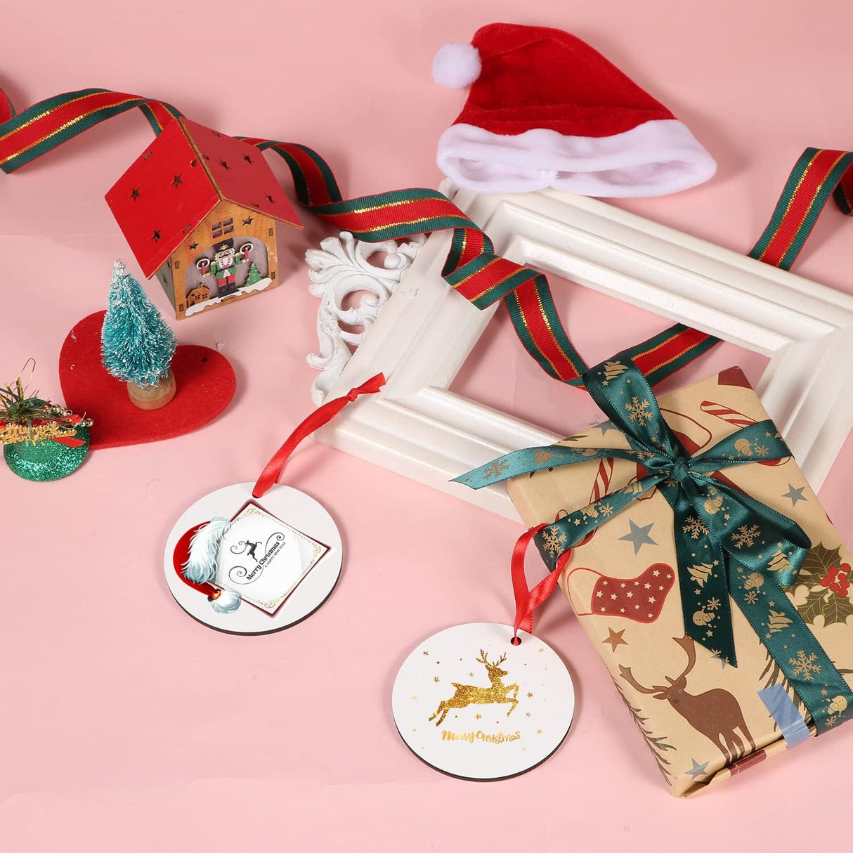 SAVITA 25pcs Sublimation Blank Pendants, 2.83inch MDF Personalized Sublimation Pendant Round Blank Discs Halloween Christmas Ornaments DIY Creation Supplies SAVITA