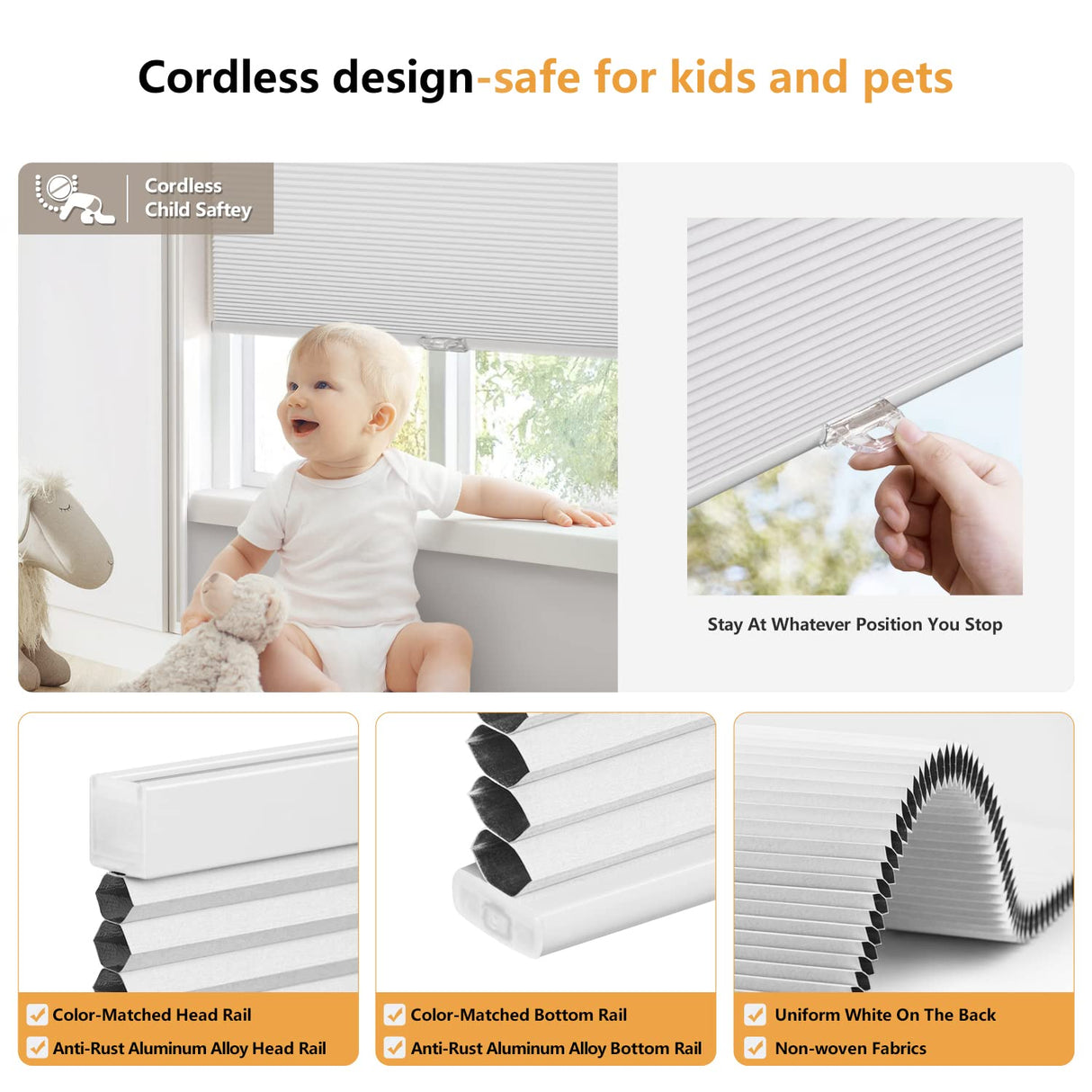 LazBlinds Cordless Cellular Shades, Blackout Privacy Honeycomb Shades for Home, Thermal Insulation Noise Reduction Blinds for Windows, 22'' W x 36'' H, White LazBlinds