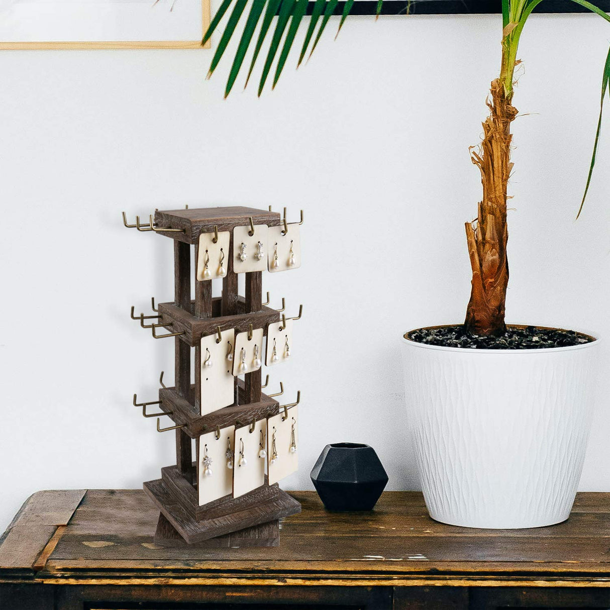 Ikee Design Wood Rotating Jewelry Display Stand Tower,Spinning Keychain Display Stand,36 Hooks Spinning Necklace, Bracelet, Earring Rack for Vendor, Coffee Color Ikee Design
