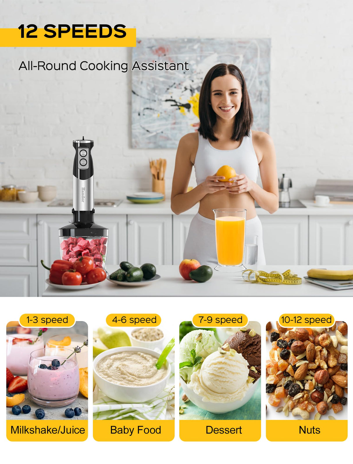 Handor 6-in-1 Hand Immersion Blender, 1000W 12 Speed Handheld Blender with 600ml Beaker, 500ml Chopper, Egg Whisk, Milk Frother, Stainless Steel Blades for Soup, Smoothie, Puree Paixisi