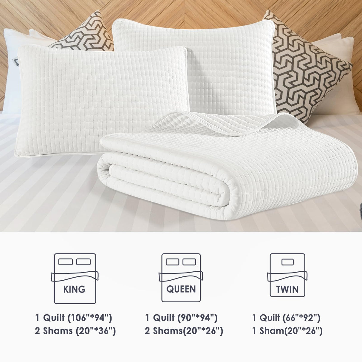 WRENSONGE White Quilt Set Queen Size-3 Pieces Lightweight Bedspreads Summer Coverlet for All Season, Soft Quilt Bedding Set with 2 Pillow Shams Suitable for Bed & Couch WRENSONGE
