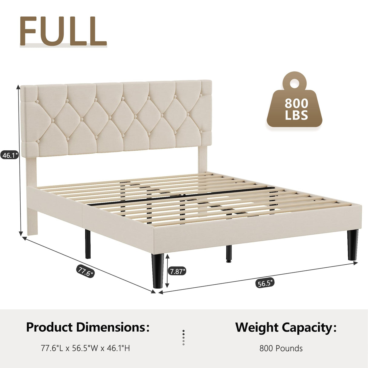 VECELO Full Size Bed Frame with Button Tufted Headboard, Upholstered Platform with Wooden Slat Support, No Box Spring Needed, Beige VECELO