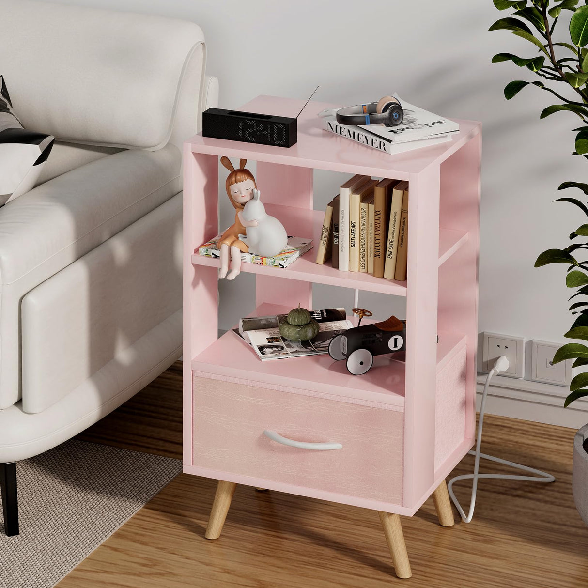 Aenuert Night Stand with Charging Station, Pink Kids Nightstand with Drawer, 3-Tier Nursery Bedside Table with USB Ports and Outlets, End Table for Small Space, Living Room, Bedroom Aenuert