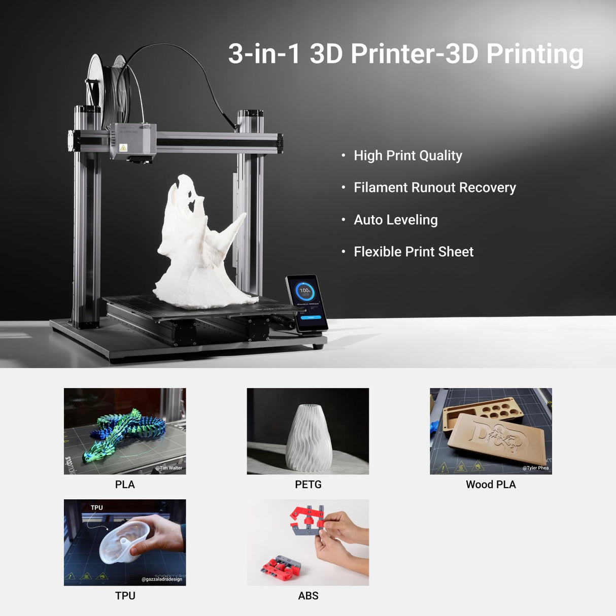 Snapmaker 2.0 A350T 3D Printer, 3 in 1 3D Printer with 3D Printing Laser Engraving CNC Carving,FDM Large 3D Printer Auto Bed Leveling,Printing Size 12.6X13.8X13in,All Metal Frame Snapmaker
