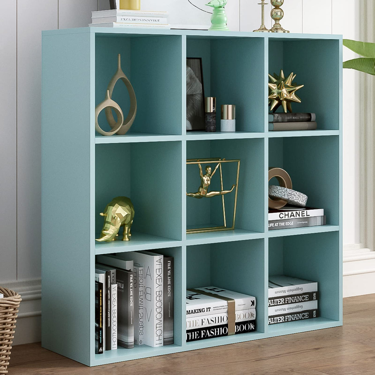 OSCHF 9-Cube Storage Shelf Bookcase - Wooden 3-Tier Floor Standing Open Bookshelf for Home and Office, Display Cabinet, Light Blue OSCHF