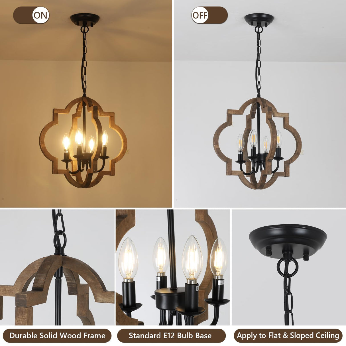 Farmhouse Chandelier Light Fixtures, 4-Light Dining Room Light Fixtures Over Table, Solid Wood Chandeliers for Dining Room, 15.7“ Brown Rustic Chandeliers for Living Room Kitchen Island Bedroom Foyer Stepeak