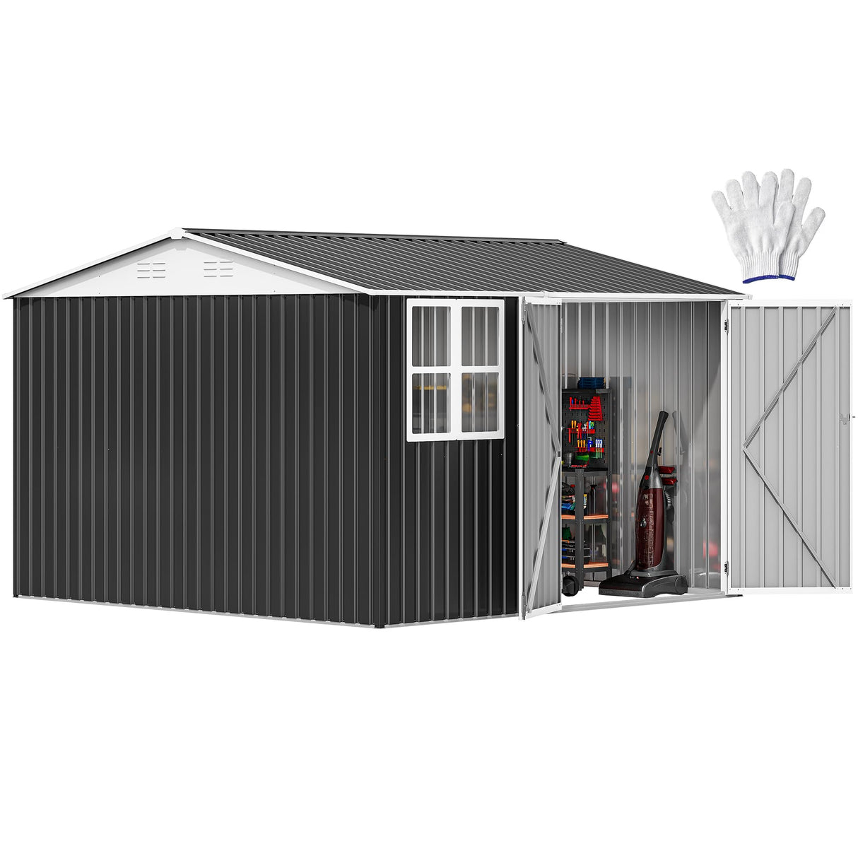 DWVO 10x10ft Metal Outdoor Storage Shed with Window, Lockable Tool Storage Sheds, Oversized Steel Garden Sheds with Sloped Roof for Backyard, Patio, Garage, Lawn, Gray & White DWVO