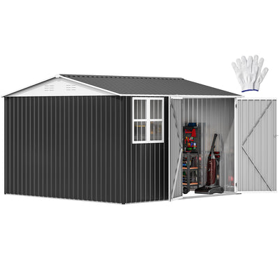 DWVO 10x10ft Metal Outdoor Storage Shed with Window, Lockable Tool Storage Sheds, Oversized Steel Garden Sheds with Sloped Roof for Backyard, Patio, Garage, Lawn, Gray & White