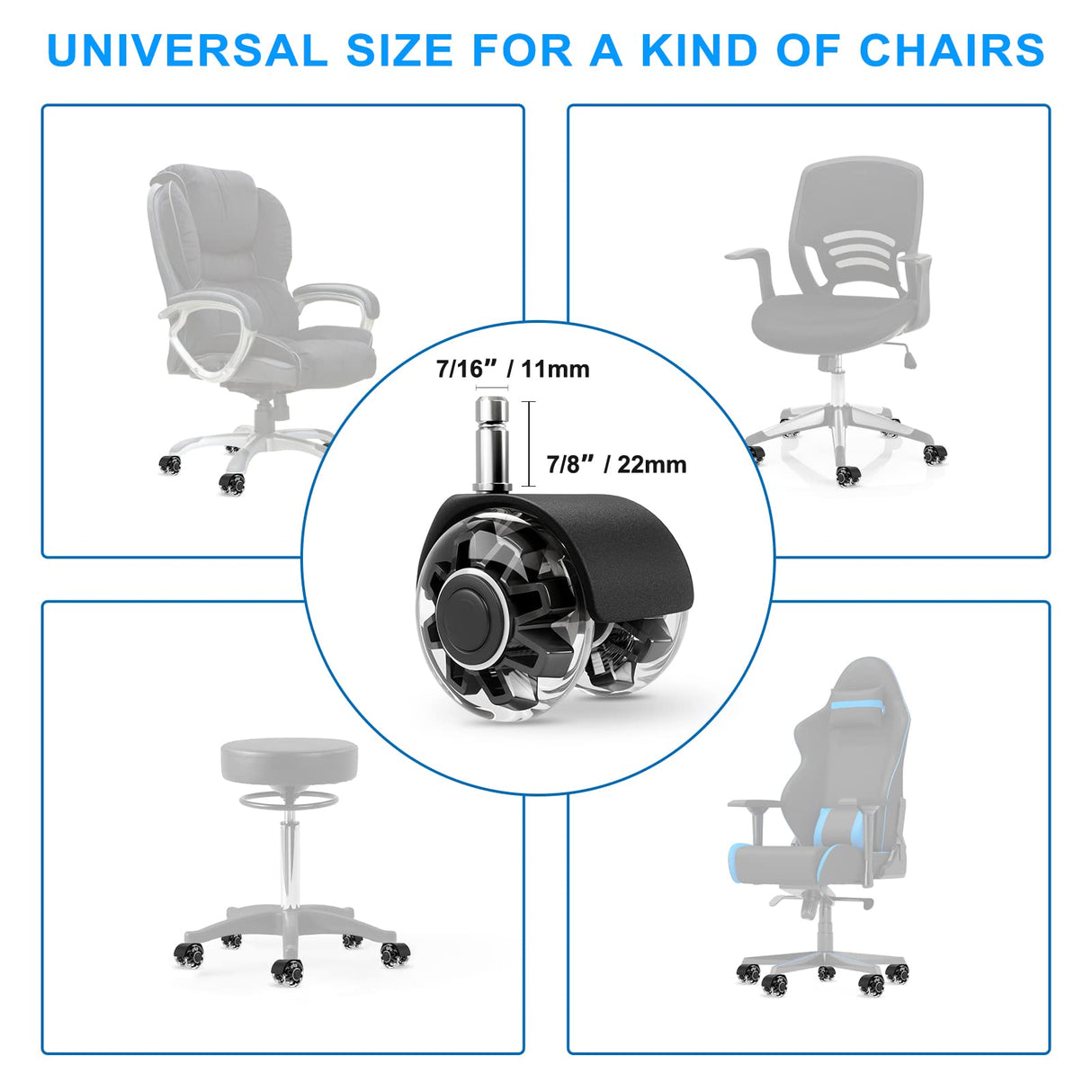 Office Chair Caster Wheels (Set of 5),Heavy-Duty Chair Wheels Support 2200lbs,Mute Rubber Chair Casters for Hardwood Floors and Carpet,2 Inch Universal Fit (Black) Omyoffice