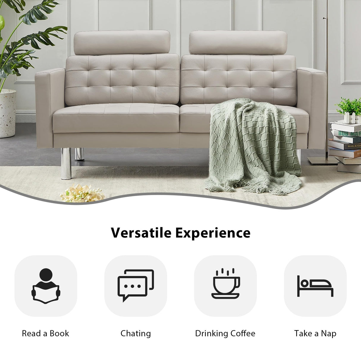 SZLIZCCC 72'' Top Grain Genuine Sofa Couch, Upholstered Cow Leather loveseat Sofas Modern Leather Couch Tufted Sofa with Metal Legs & Wide Backrest, Two Seater Couch for Bedroom,Apartment (Beige) SZLIZCCC