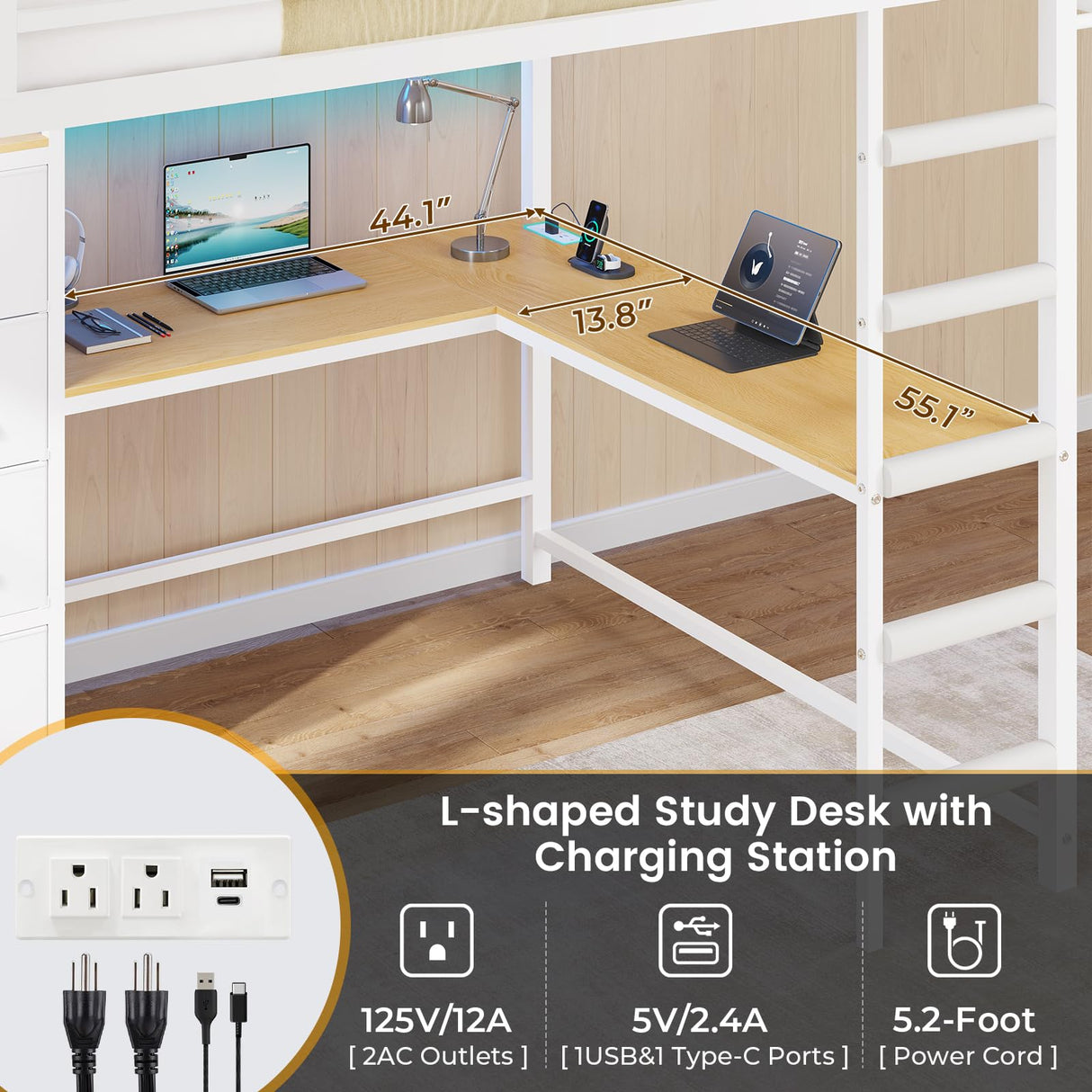 DICTAC Full Loft Bed with L-Shaped Desk and 7 Storage Drawers, Metal Full Size Loft Bed for Teen with LED Lights and Charging Station,13.11" H Safety Guardrail and Ladder,No Box Spring Needed, White DICTAC