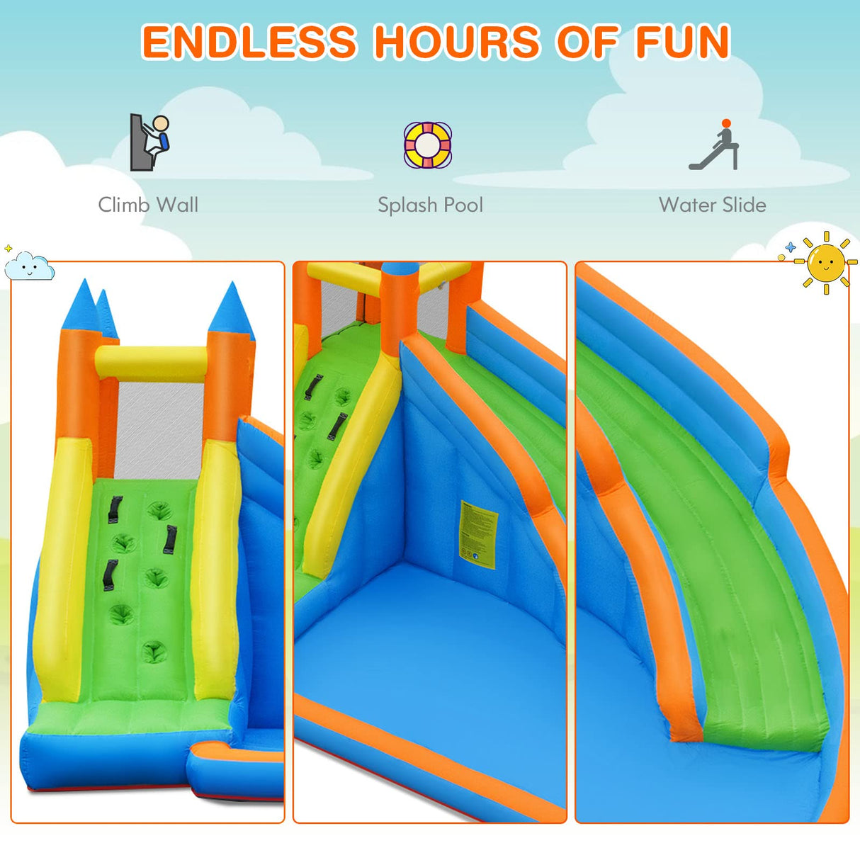Costzon Inflatable Water Slide, Giant Bouncy Water Park Jump Castle Waterslide for Kids Backyard Outdoor Fun with Climbing Wall, Splash Pool, Blow up Water Slides Inflatables for Kids Party Gifts Costzon