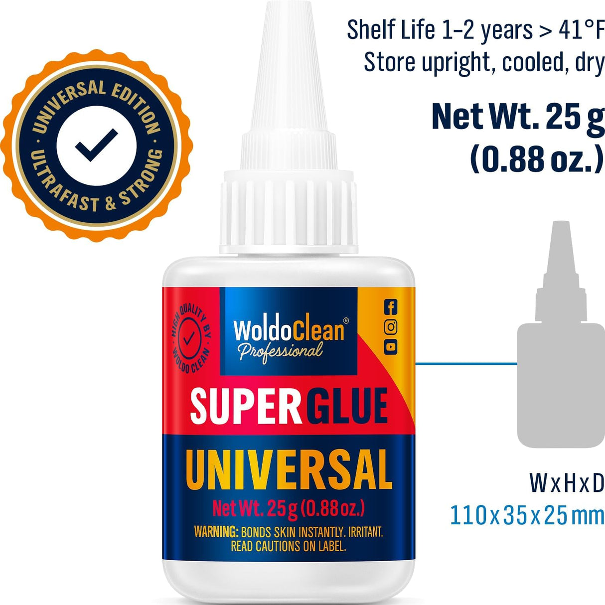Super Glue for All Purpose Extra Strong 0.88oz - Waterproof, Heat-Resistant, Clear Glue with Precise Nozzle WoldoClean