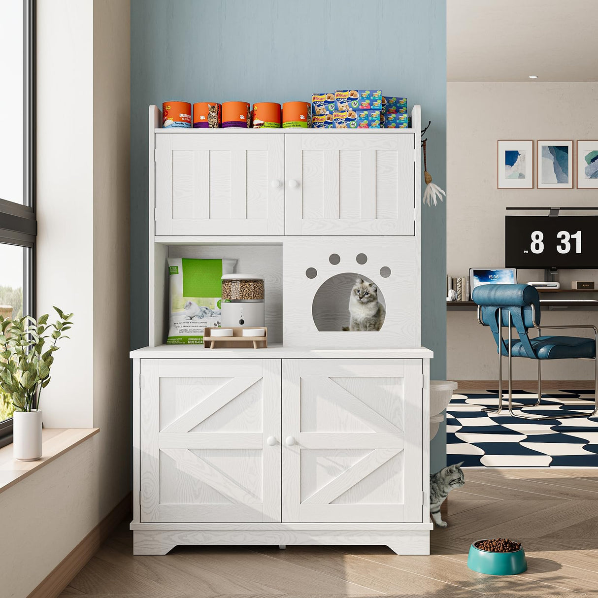 ANCTOR Multifunctional Cat Cabinet Cat Litter Box Enclosure Furniture 3-Tier Storage Play Area Tall Litter Box Furniture with Storage Easy Assembly (35.5”H, White) ANCTOR