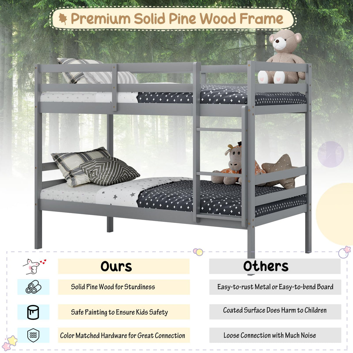 KOMFOTT Wood Bunk Bed Twin Over Twin, Bunk Bed with Ladder & Safety Guardrail, Solid Wood Bed Frame, Ideal for Dormitory & Multiple-Child Family, No Box Spring Needed, Kids Bunk Bed KOMFOTT