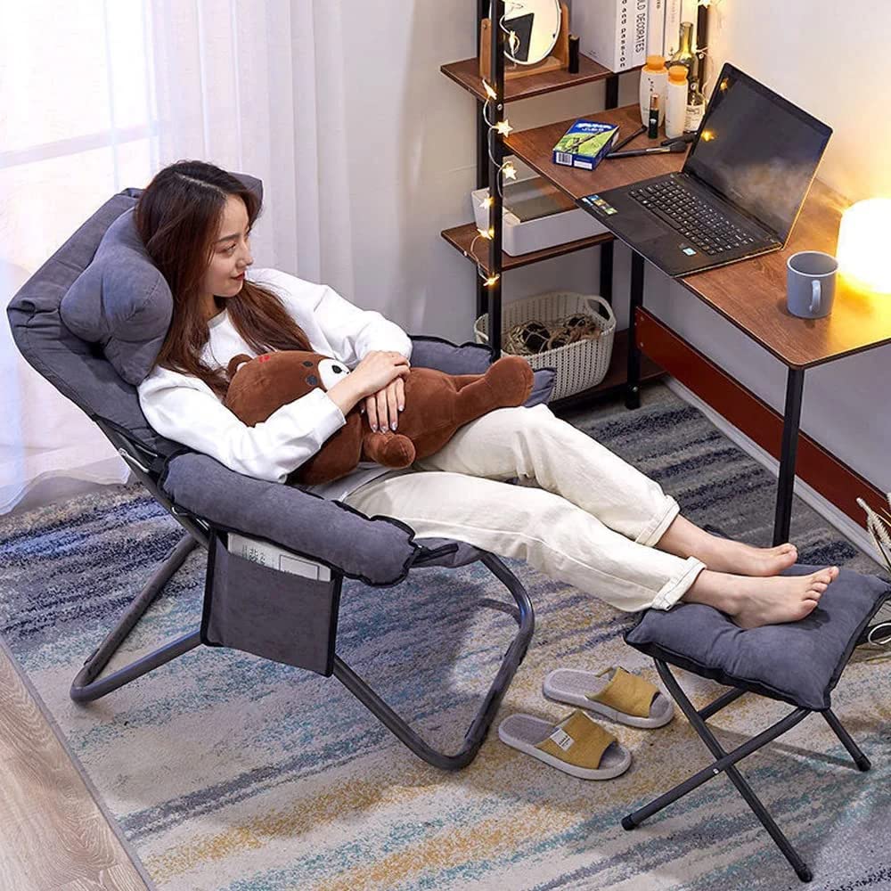 Modern Lazy Chair with Ottoman, Folding Lounge Reclining Sofa Chair with Armrest Comfy Lounge Chair Leisure Chair with Side Pocket for Bedroom, Balcony, Living Room, Office, Grey Generic