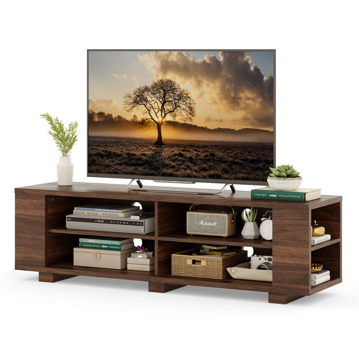 Tangkula Wood TV Stand for TVs up to 65 Inch Flat Screen, Modern Entertainment Center with 8 Open Shelves, Universal TV Storage Cabinet for Living Room Bedroom, TV Console Table (Walnut) Tangkula