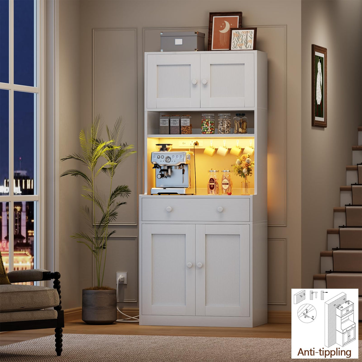 Korfile 71" Tall Kitchen Pantry Storage Cabinet with Power Outlet & LED Light, Freestanding Food Pantry Cabinet with 4 Doors and Shelves, Cupboard with Drawer, Hutch with Microwave Stand, White Korfile