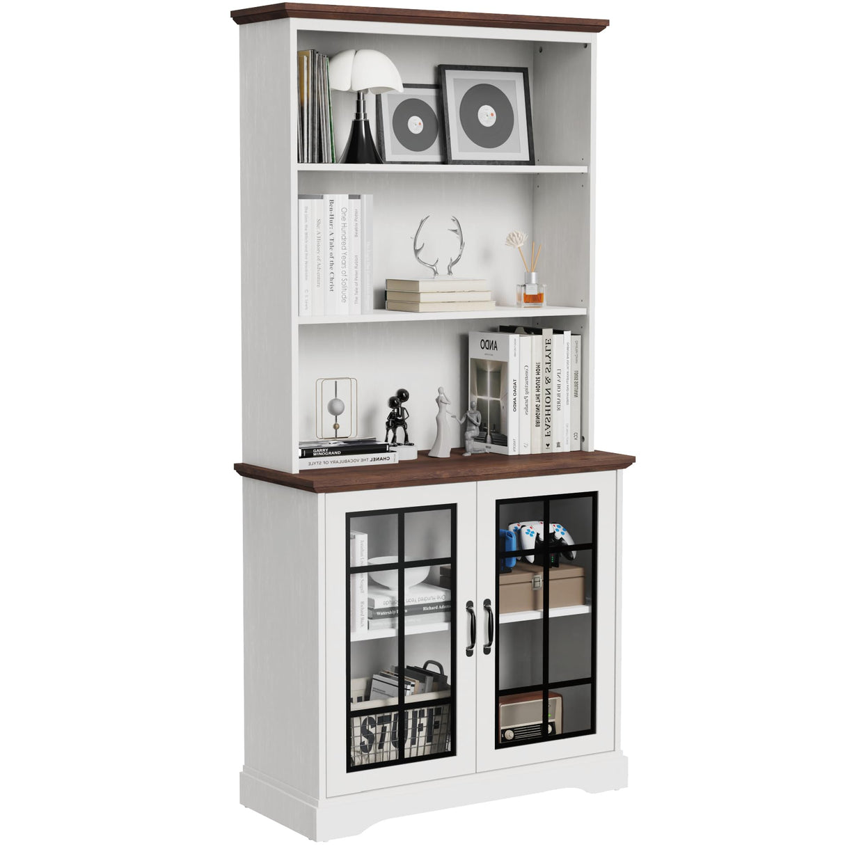 5-Shelf Tall Bookcase with Glass Doors in White - Stylish and Spacious Storage for Home or Office blini