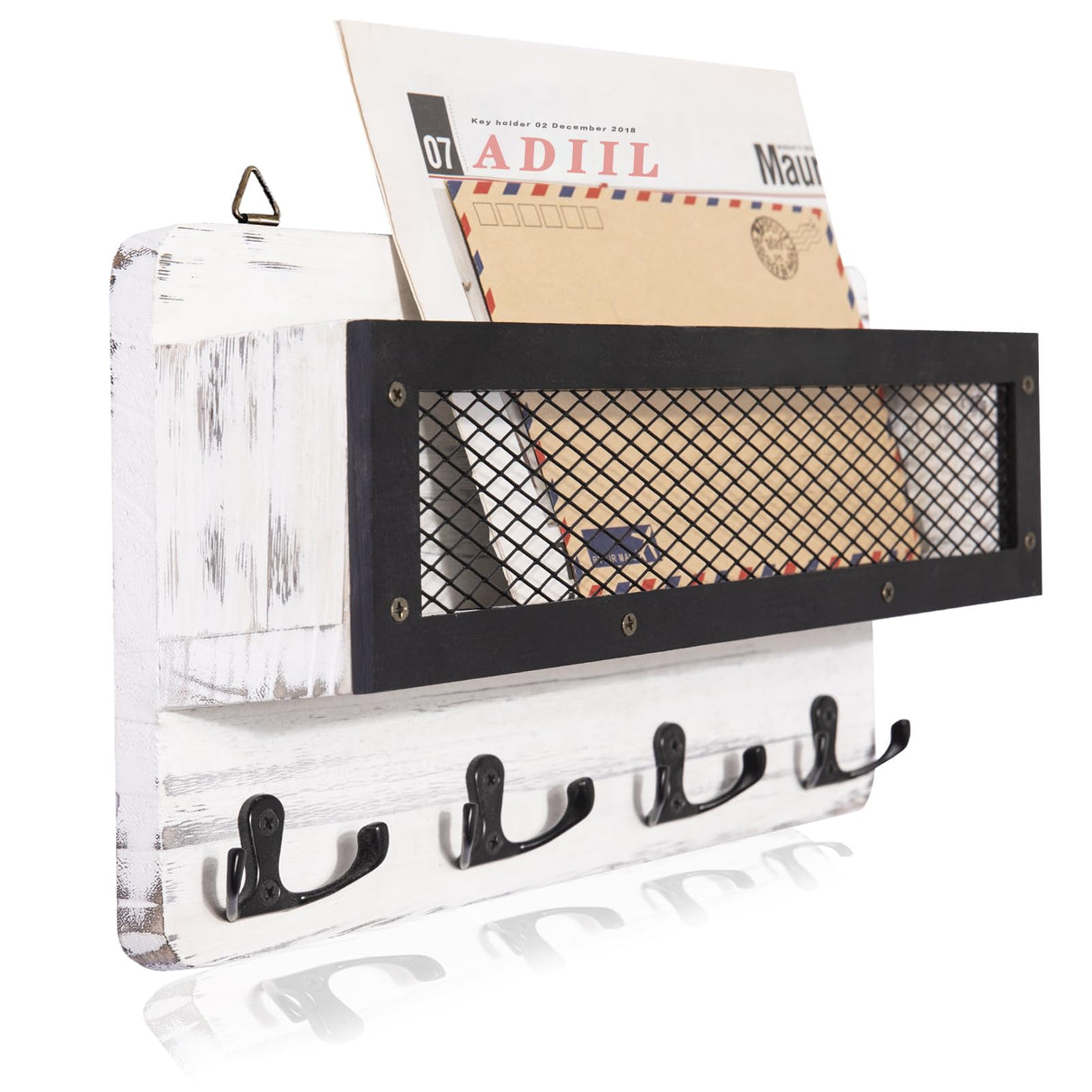 ADIIL Mail and Key Holder for Wall Decorative, Wooden Wall Key Rack Organizer with 4 Double Key Hooks, Wall Mount Key Hanger for Wall with Shelf, Rustic Home Decor for Entryway Hallway, White ADIIL