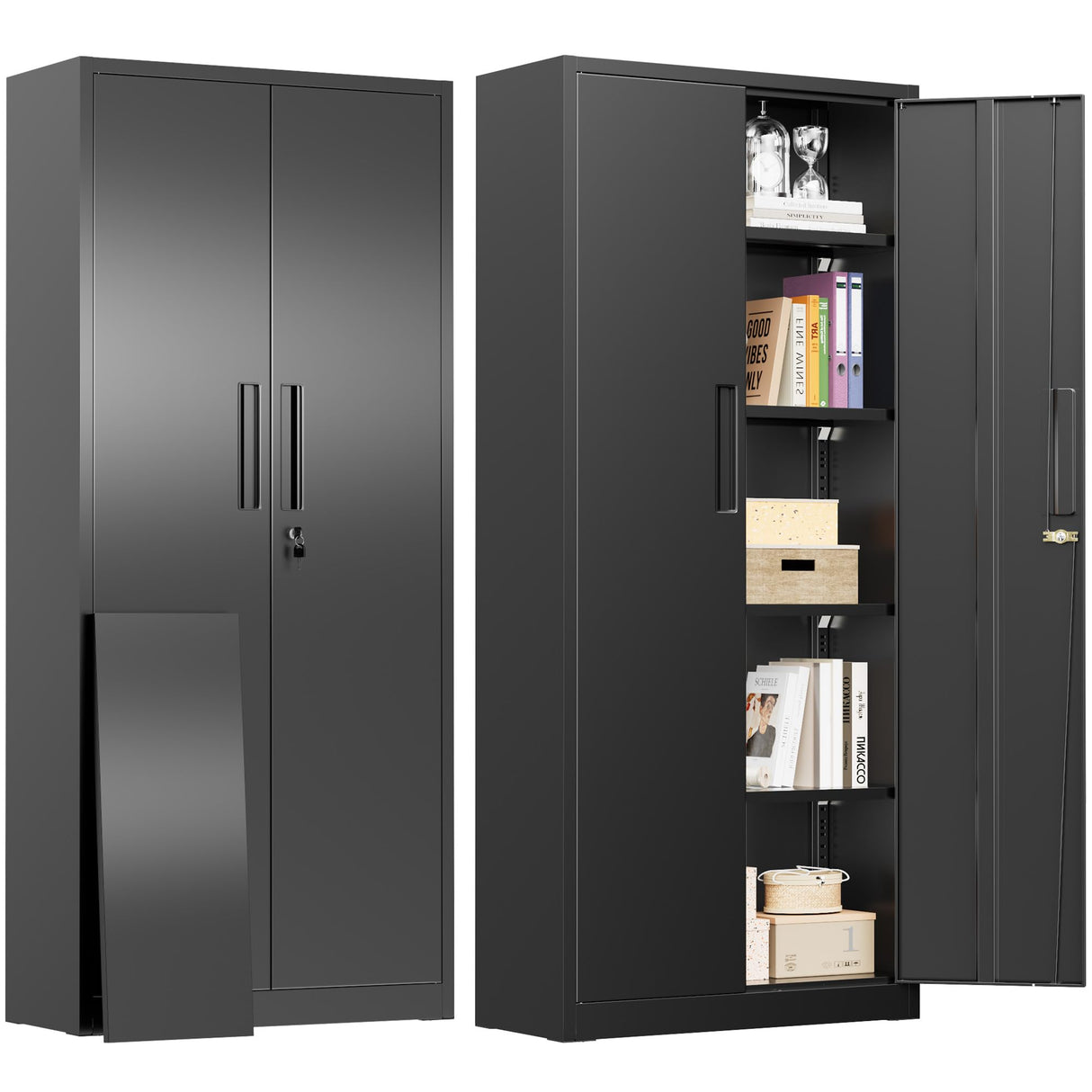 Greenvelly Metal Pantry Cabinet, 63”Tall Black Kitchen Pantry Storage Cabinets with 2 Lock Doors and 4 Adjustable Shelves for Home Office, Dinning Room,Garage Greenvelly