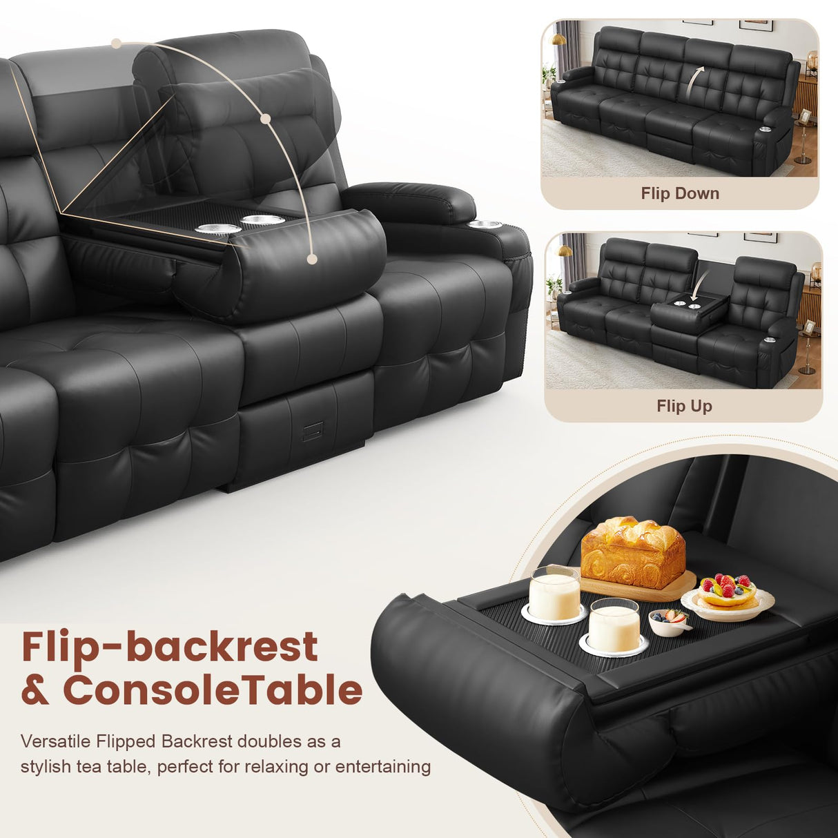 Reclining Sectional Couches for Living Room, L Shaped Large Sectional Reliner Sofa, Faux Leather Couch, Home Theater Seating with Console, Recliner Couch & Sofa Aotolo