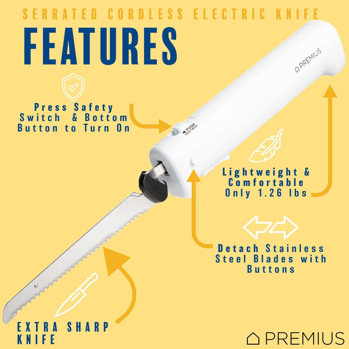Professional Cordless Rechargeable Easy-Slice Electric Knife, Reciprocating Serrated Stainless-Steel Blades, Safety-Lock Trigger Release, Carving Meats, Turkey, Breads, Fruit, Crafting Foam, White PREMIUS