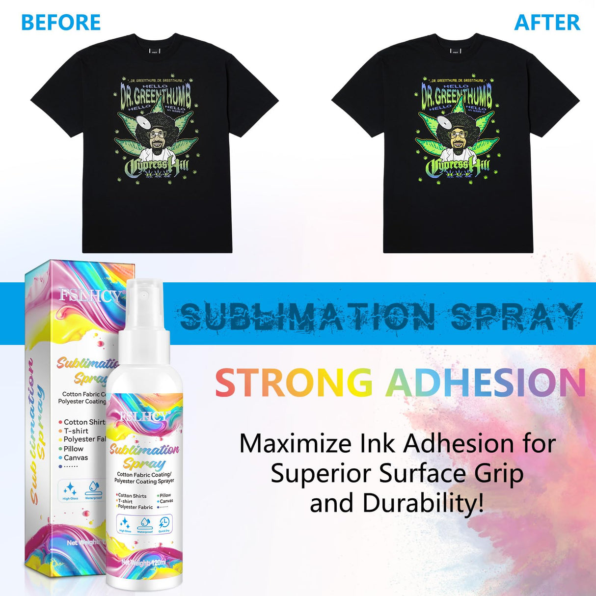 Sublimation Spray for Cotton Shirts, 120ML Sublimation Coating Spray for All Fabric, T-Shirts, Canvas, Polyester Fabric, Waterproof Quick Drying, Super Adhesion, High Gloss FSLHCY