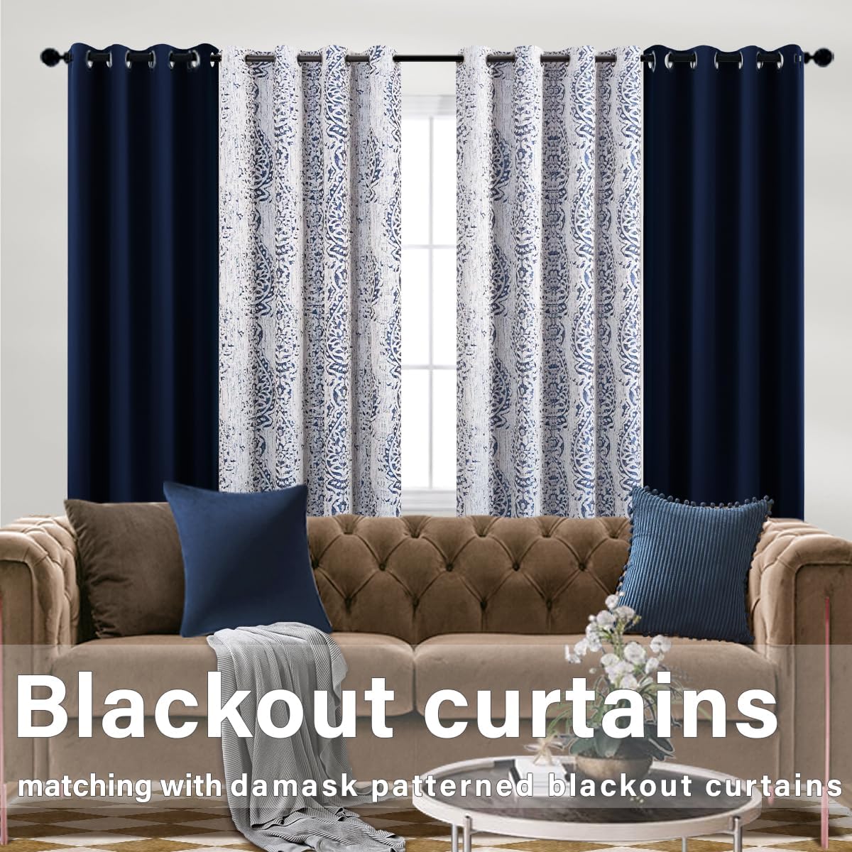KOUFALL Navy Blue Blackout Curtains 108 Inches Long for Living Room 2 Panels Set,Grommet Damask Printed Patterned Extra Long Curtains for Bedroom,9 FT Length,Indigo KOUFALL