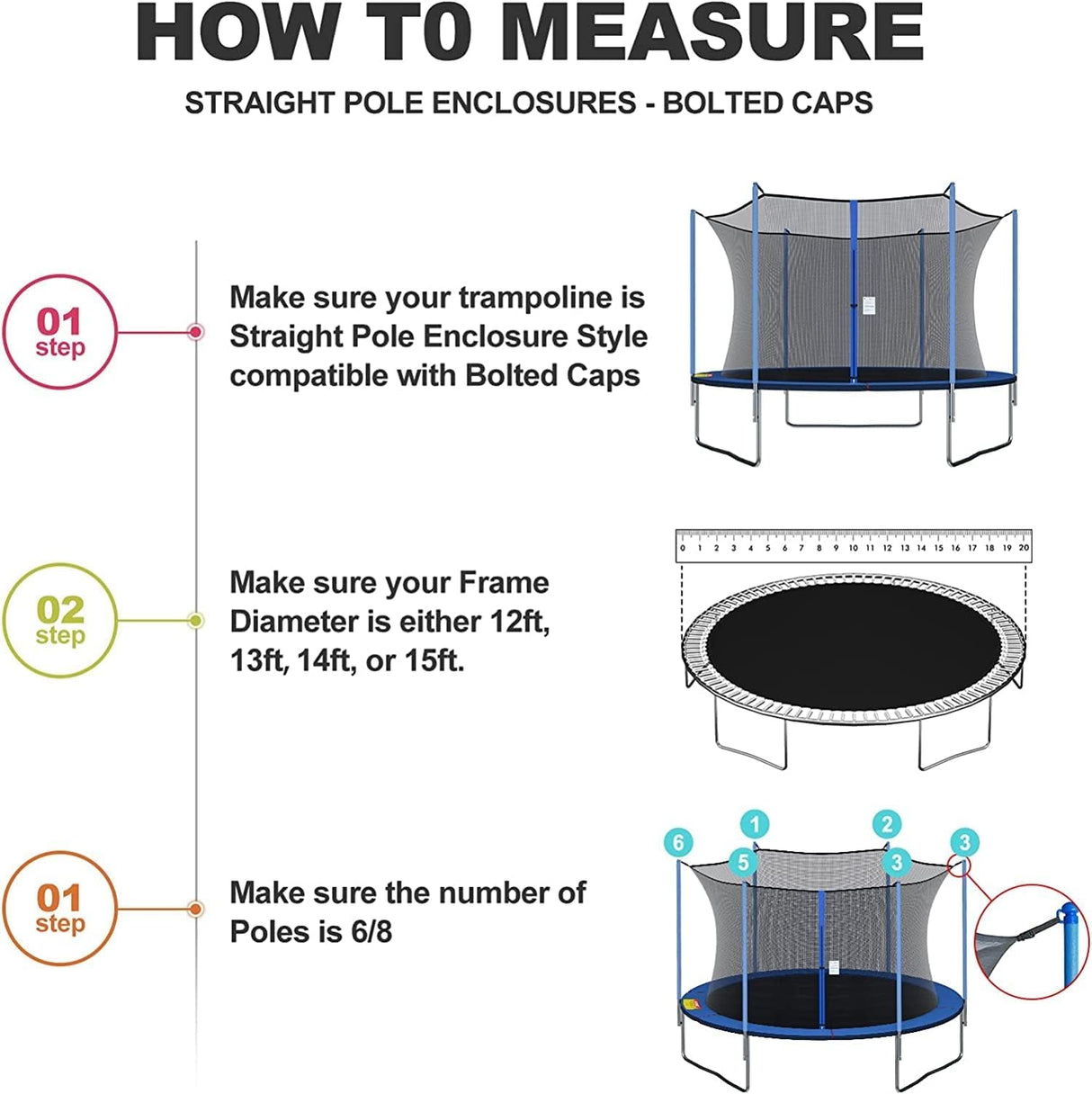 Cliselda Trampoline Net Replacement 14 ft 6 Poles, Safety Enclosure Net for 14 Foot Round Frame Trampolines, Breathable and Weather-Resistant, Adjustable Straps(Net Only,Poles not Includ) Cliselda
