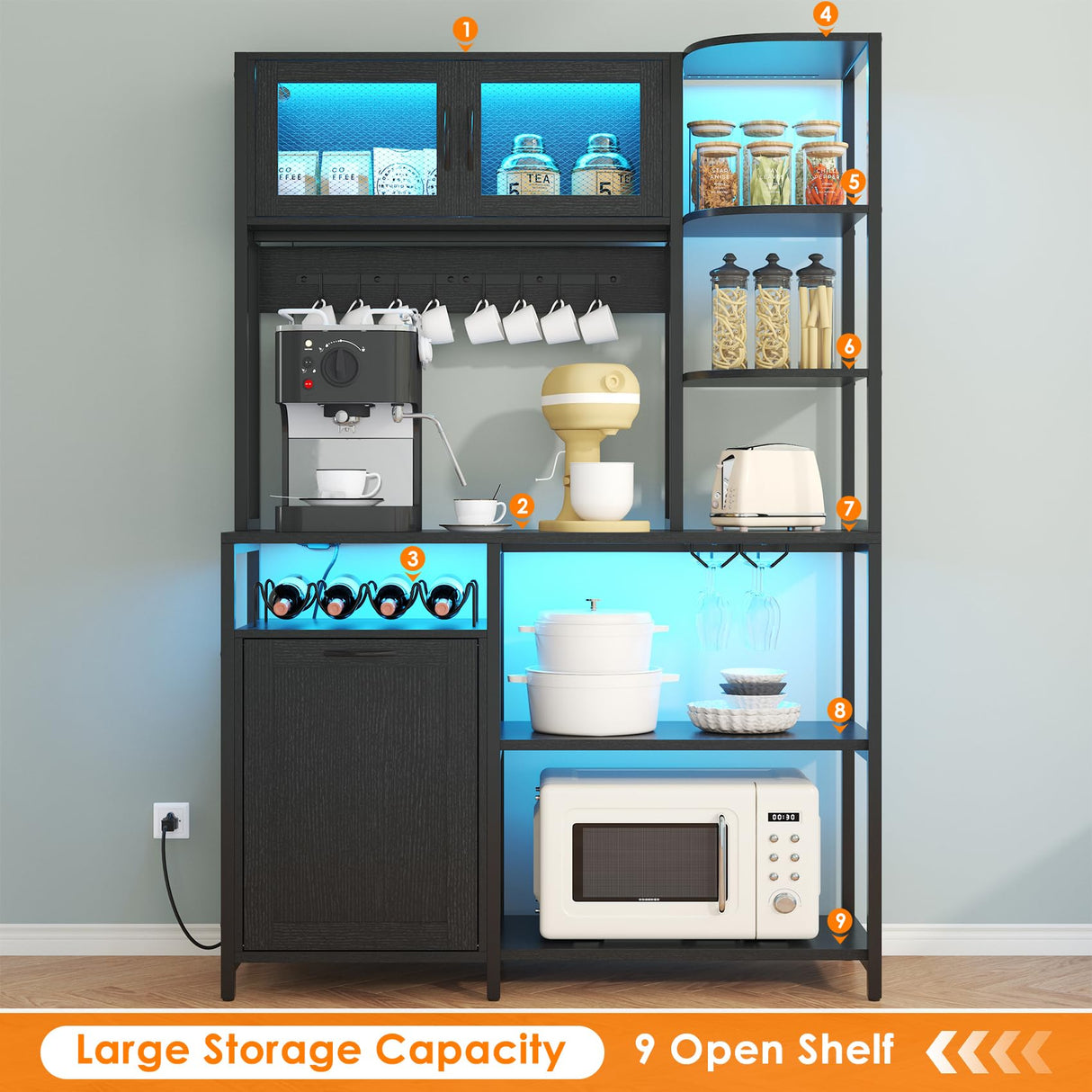 Lafnest Bakers Rack with Power Outlet and LED Light, 6-Tier Commercial Bakery Racks, Kitchen Microwave Stand with Storage Cabinet, Kitchen Tilt Out Trash Cabinet, 15.8" D x 42.5" W x 67.8" H, Black Lafnest