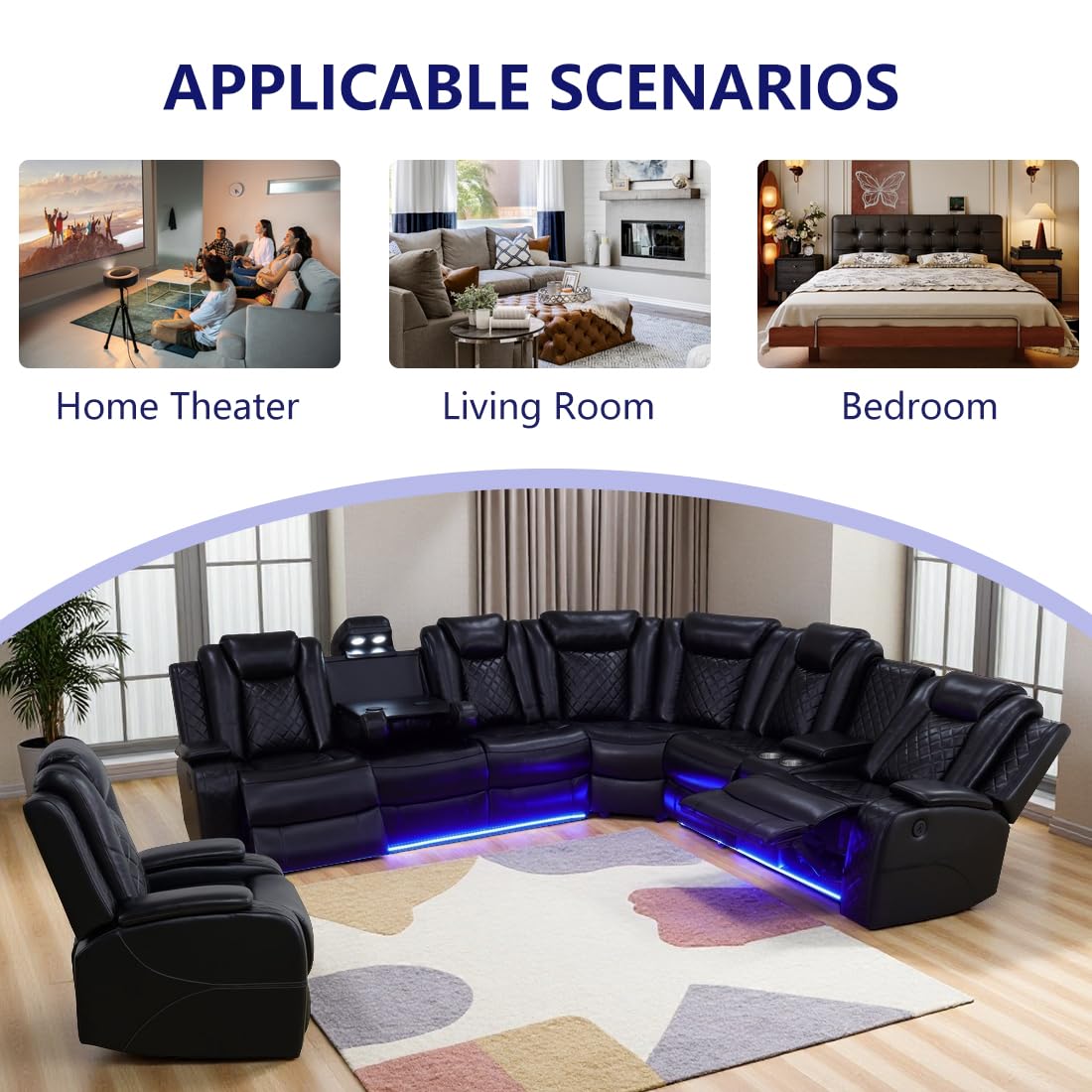 Anthato Black Power Recliner Sectional Sofa Set with LED, Breathing Leather Reclining Corner Couch & Chair, L-Shaped Home Theater Seating with Cup Holders/Storage for Living Room (Sectional+Chair) Anthato