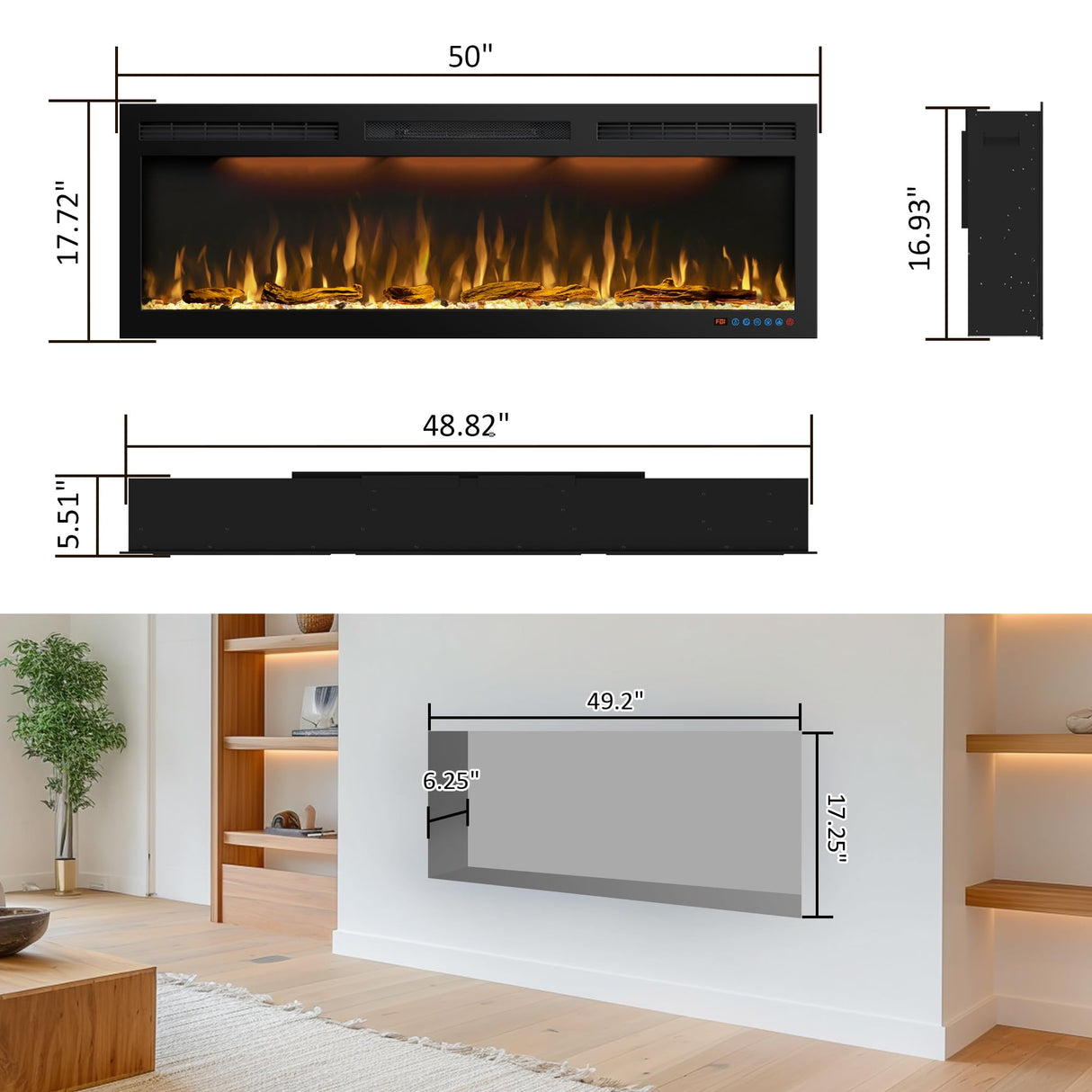 50 inches Electric Fireplace, Recessed and Wall Mounted Fireplace Heater and Linear Fireplace Inserts, with Timer, Remote Control, Adjustable Flame & Light Colors, 750W/1500W, Black Dreamflame