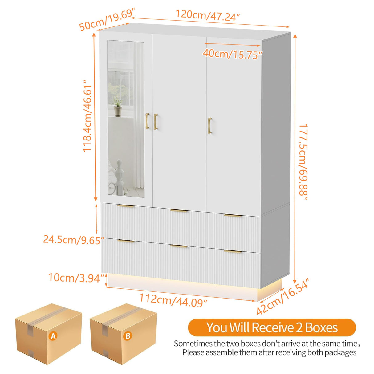 PAKASEPT Armoire Wardrobe Closet with 3 Door, Bedroom Armoires with Mirror and LED Lights, Hanging Rod, Drawers, Large Capacity Storage Wardrobe Armoire for Bedroom PAKASEPT