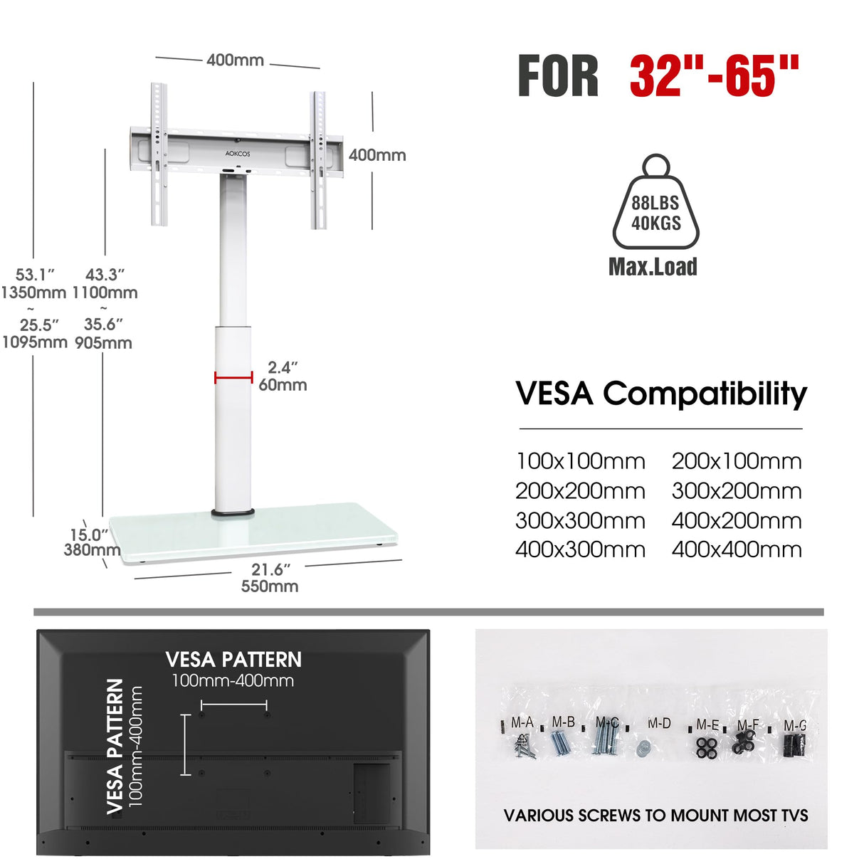 AOKCOS Swivel TV Floor Stand for 32-65 Inches TVs, 8 Level Height Adjustable Corner Small TV Stand Mount for Living Room/Bedroom, Holds up to 88 lbs,MAX VESA 400x400mm,White AOKCOS
