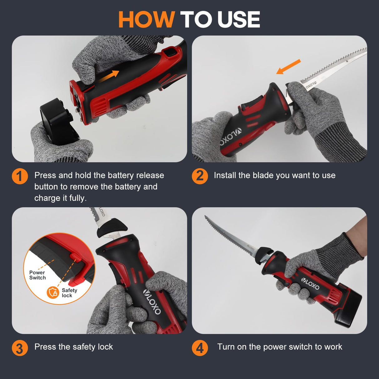 VlOXO Electric Fillet Knife - Cordless with 4 Stainless Steel Blades, Non-Slip Grip, Safety Lock, Includes Storage Case VLOXO