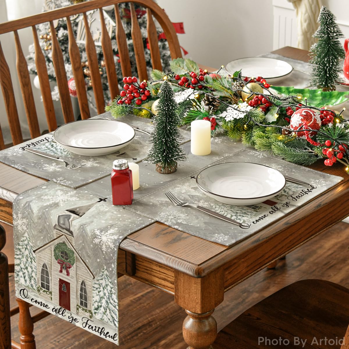 Artoid Mode Church Xmas Trees Snowflakes Merry Christmas Placemats Set of 4, 12x18 Inch Winter Table Mats for Party Kitchen Dining Decoration Artoid Mode