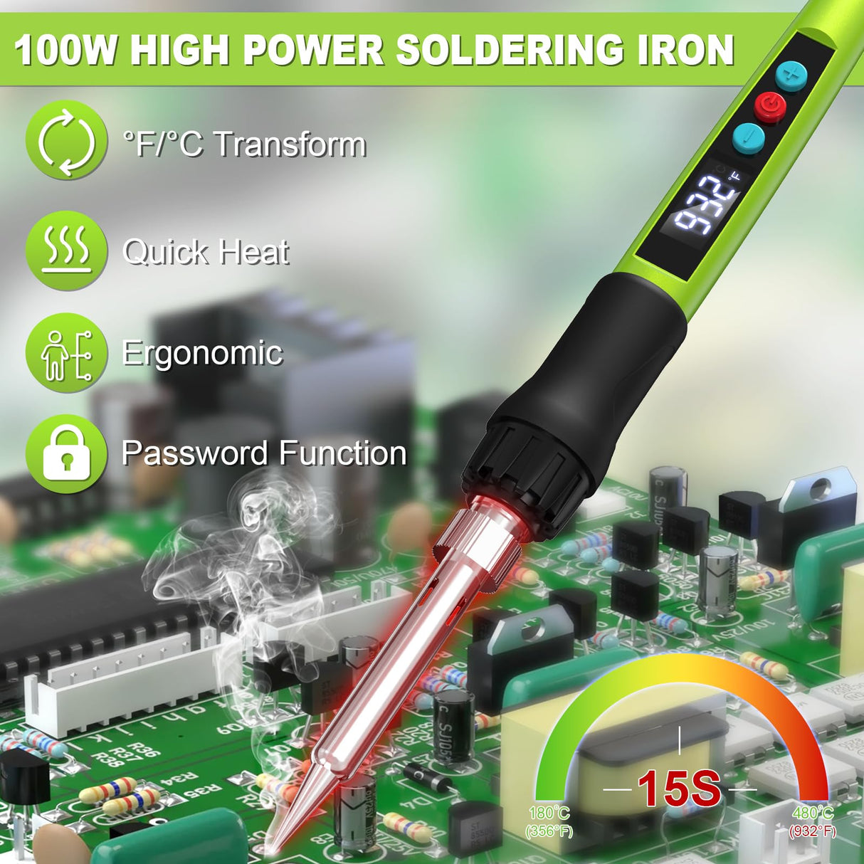 Soldering Iron Kit, 100W Soldering Gun with LED Digital Display, Adjustable Temperature 356-932â Solder Kit for Electronics, Includes Soldering Iron Tip, Solder Wire, Stand, Tweezers and Paste, Green Crtsweker