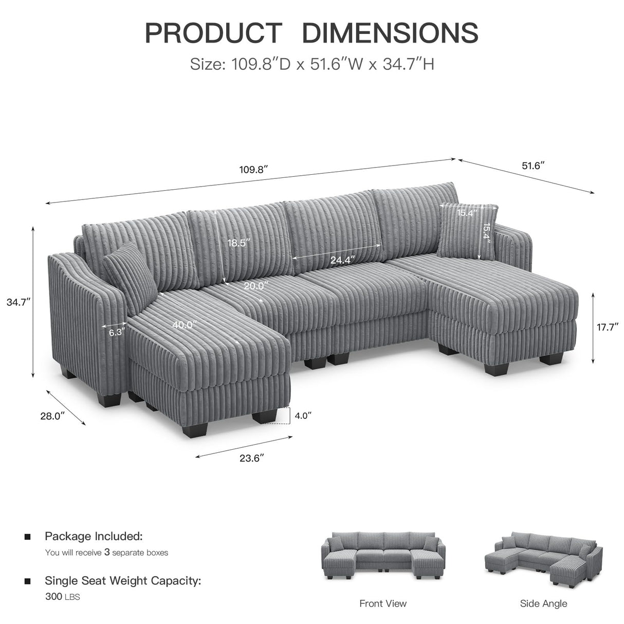 Belffin U Shaped Couch with Reversible Chaises Sectional Couches for Living Room Sectional Couch with Ottomans Corduroy (Light Grey, U Shaped) Belffin