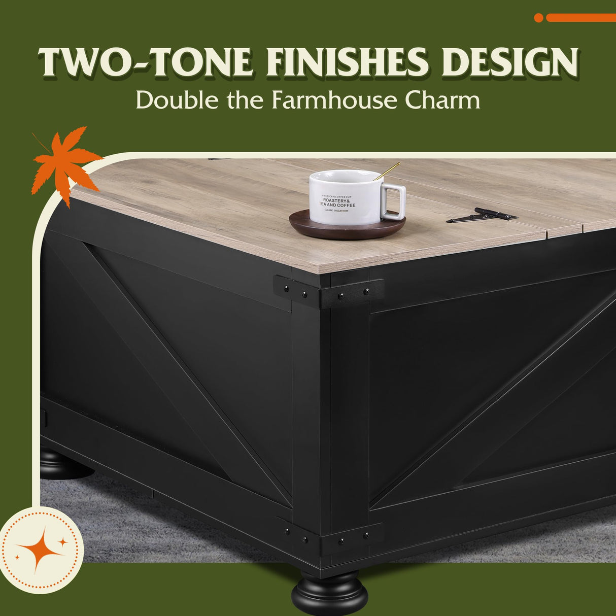 WLIVE Farmhouse Coffee Table,Square Wood Lift Top Coffee Table with Storage,Center Table for Living Room,Home Office,Black and Grey Oak WLIVE