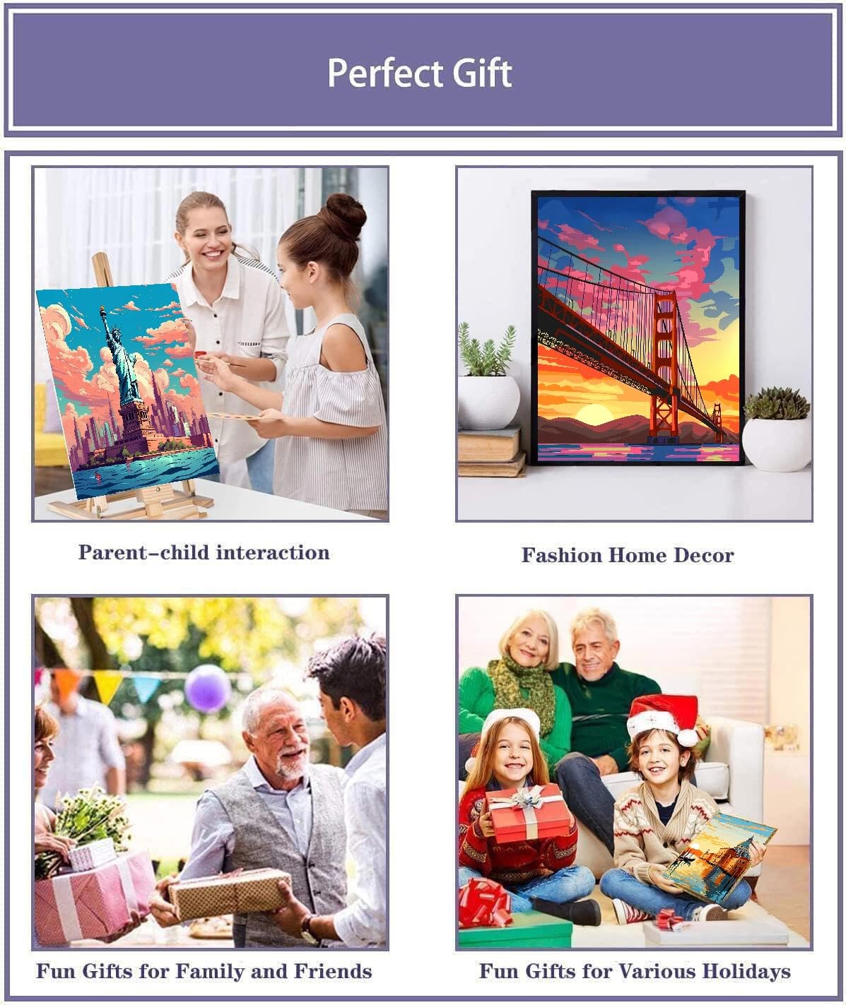 6 Pack Framed Paint by Numbers Kit for Adults Beginners with Wooden Easel,Scenery-Cityscape Easy Adults' Paint-by-Number Kits with Frame,DIY Number Painting Adults for Decor Present 8x12 inch Canrichshop