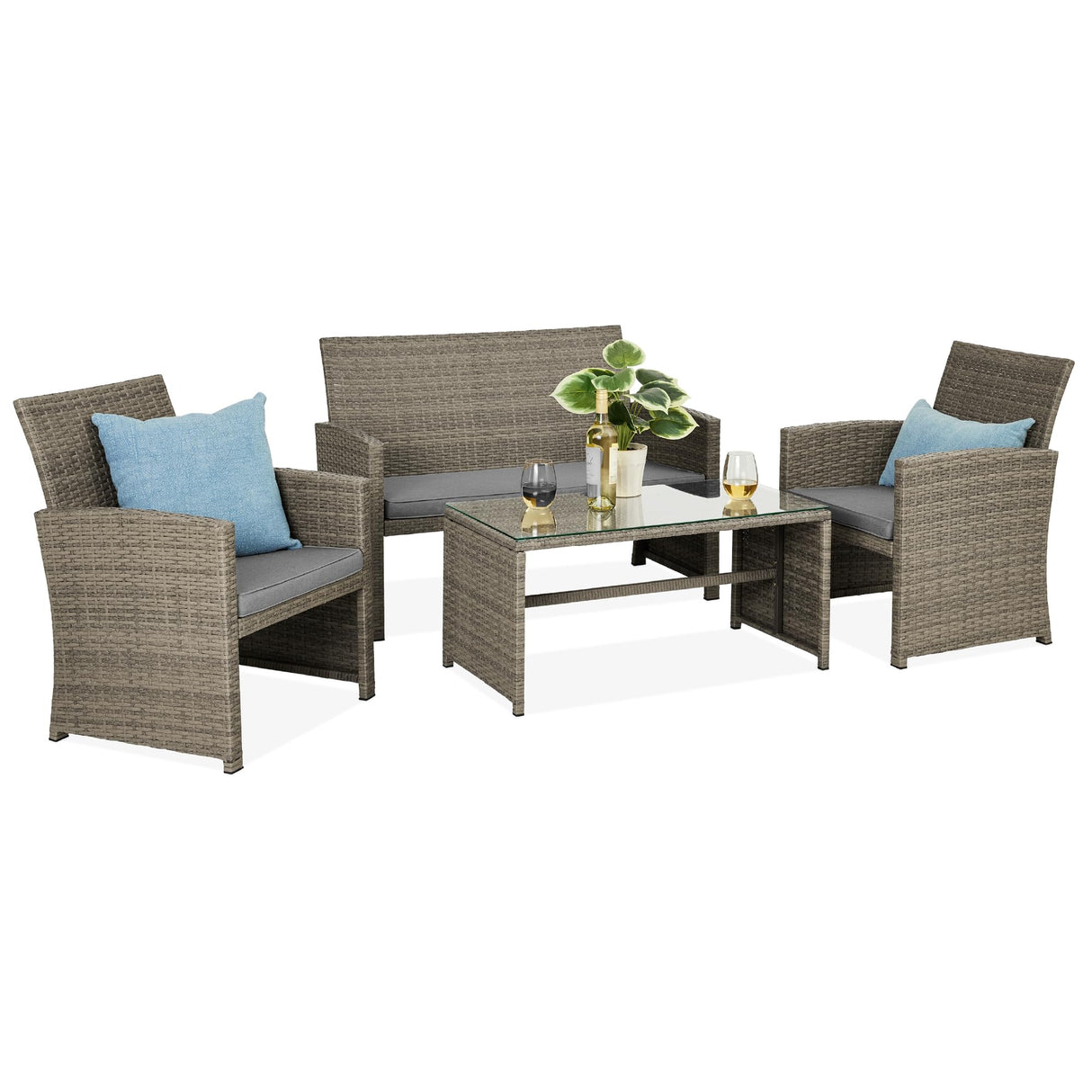 Best Choice Products 4-Piece Outdoor Wicker Patio Conversation Furniture Set for Backyard w/Coffee Table, Seat Cushions - Taupe/Cement Gray Best Choice Products