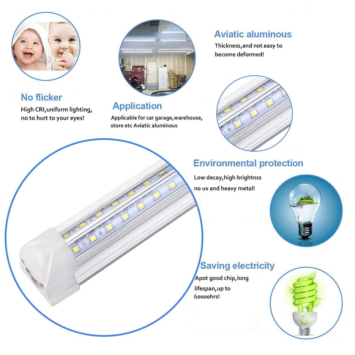 Henwsi 8FT LED Shop Light Fixture, White 10 Pack T8 Integrated Tube Lights, 72W 9500LM 6500K High Output Clear Cover, V Shape 270 Degree Lighting for Garage Warehouse, Upgraded Lights Plug and Play Henwsi