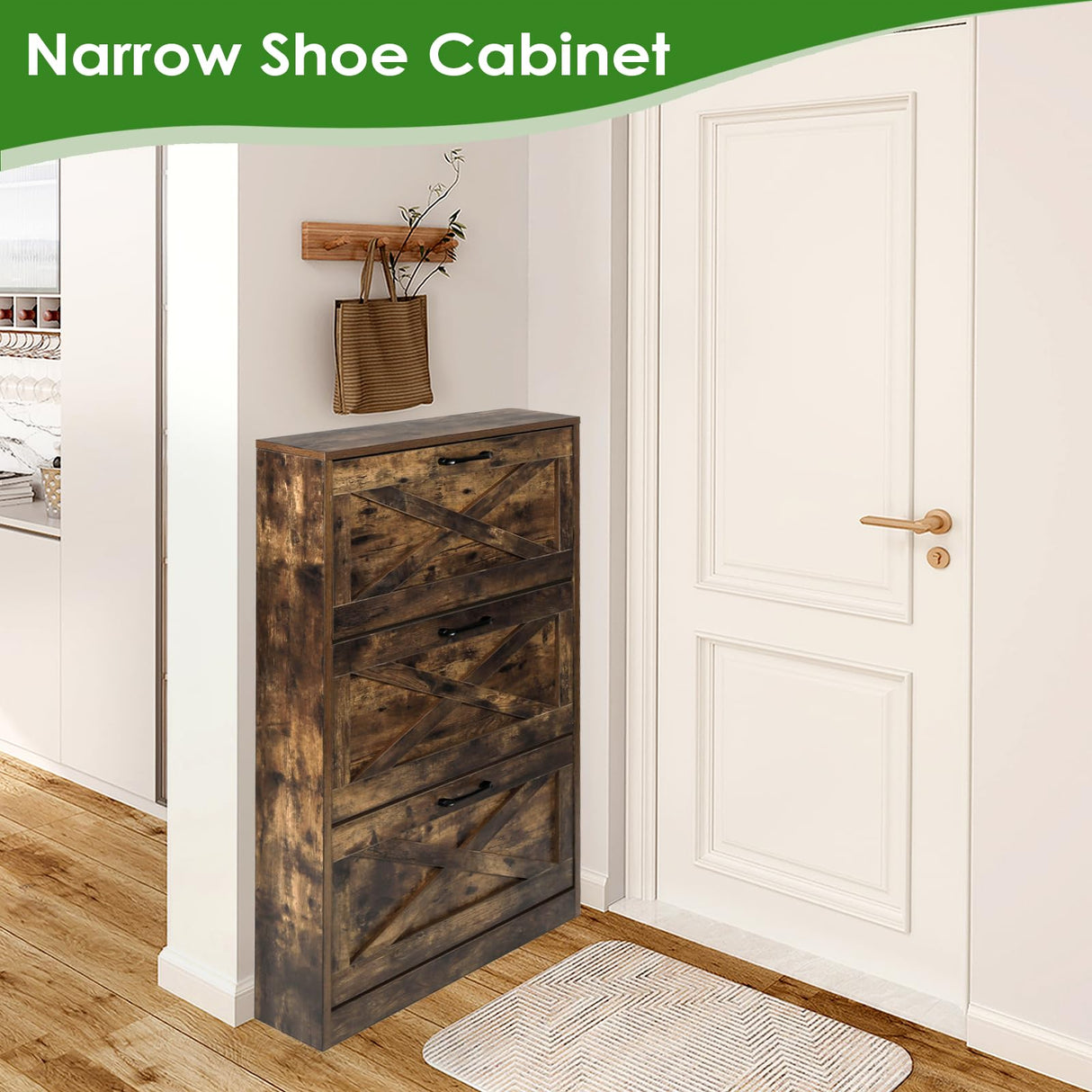 HOPUBUY Shoe Cabinet for Entryway, Shoe Storage Cabinet with 3 Flip Drawers, Narrow Shoe Rack for Front Door Entrance, Rustic Brown HOPUBUY
